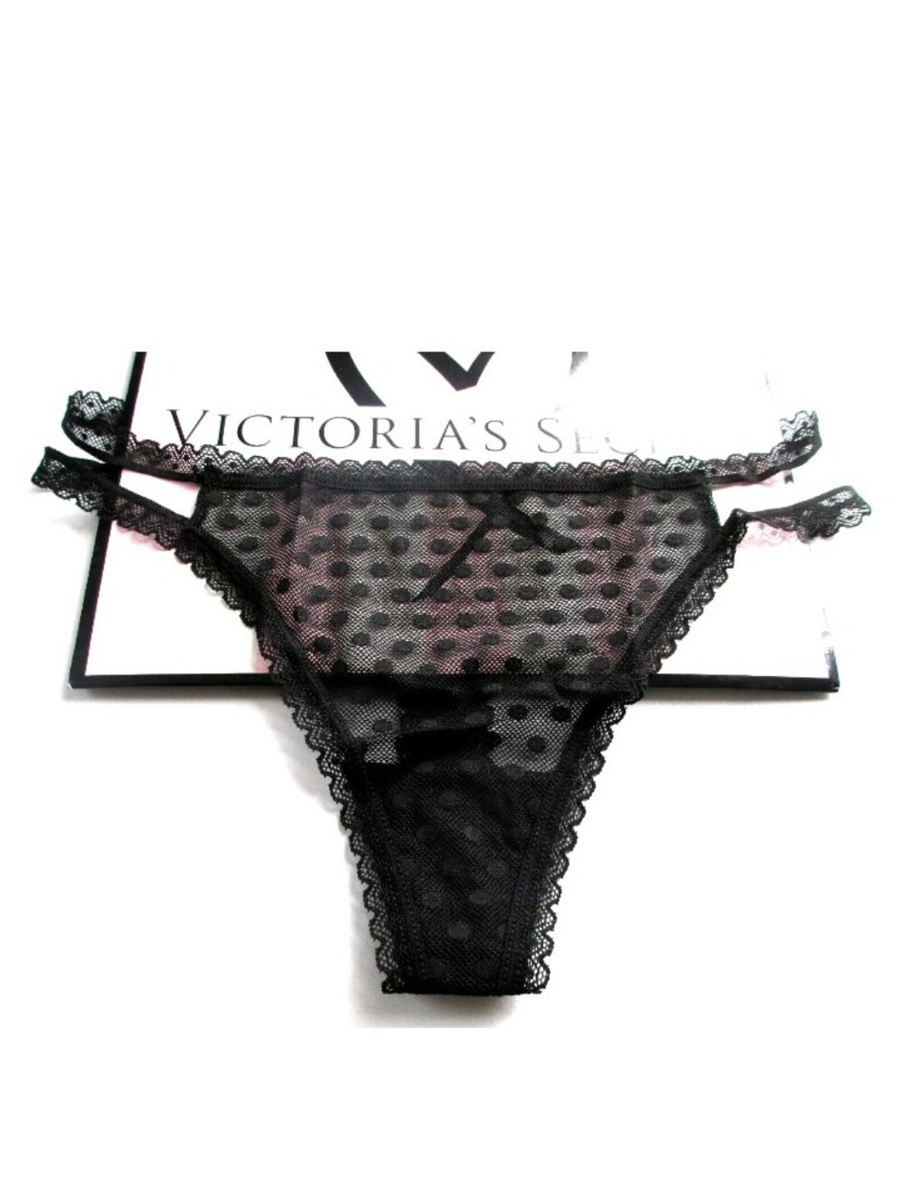 VICTORIA'S SECRET PINK Wink Strappy Thong Panty VS Mesh Dot S M L XL Black Lace